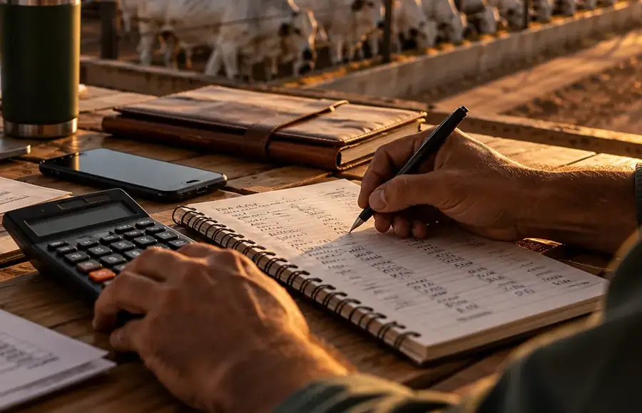 Mãos fazendo contas com calculadora e caderno