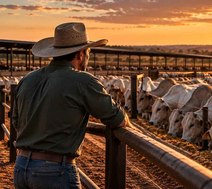 Pecuarista apoiado na cerca observando o gado no cocho