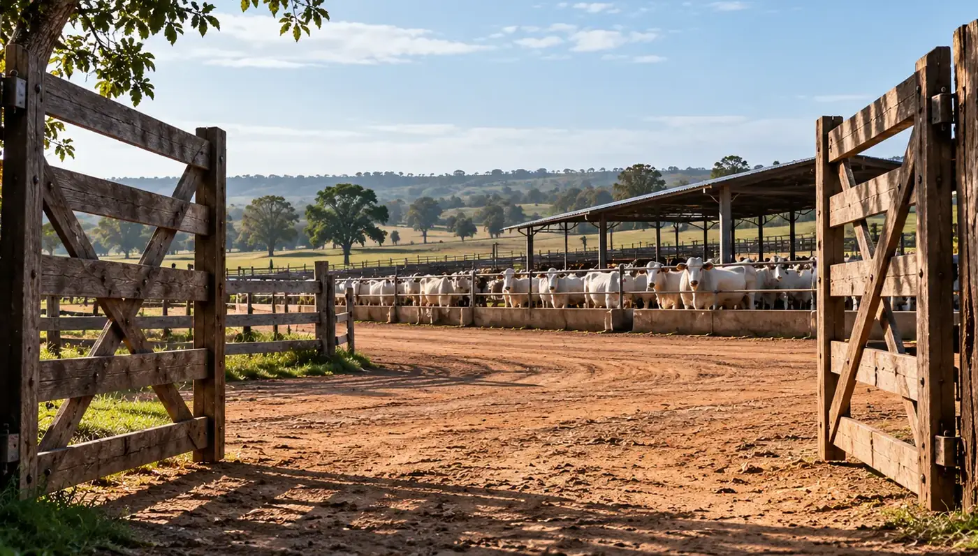 A porteira aberta, com o caminho para dentro da fazenda
