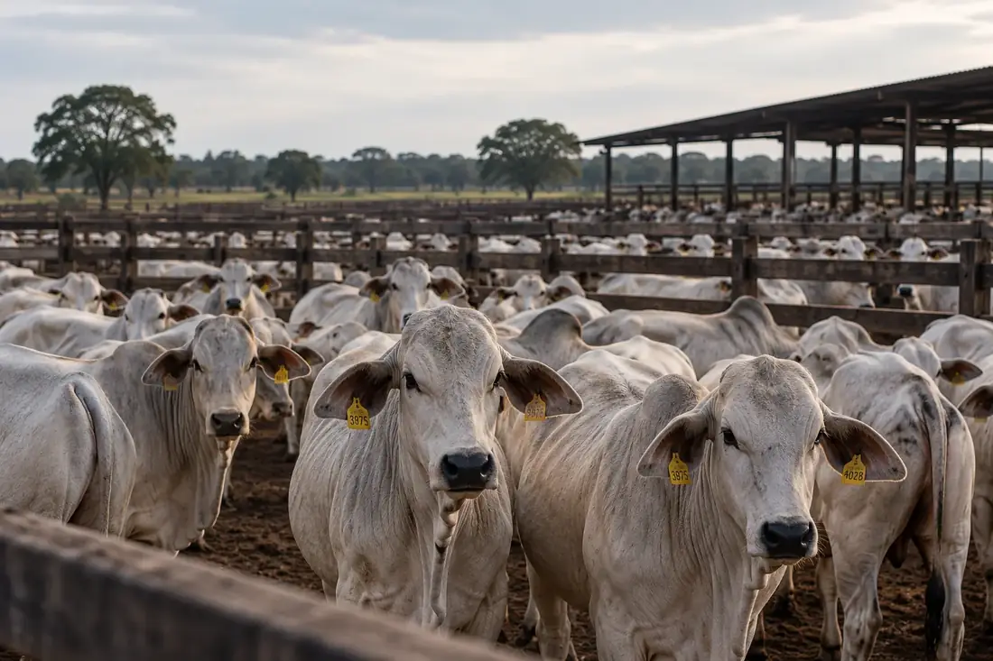 Lote de engorda no curral, com brincos numerados