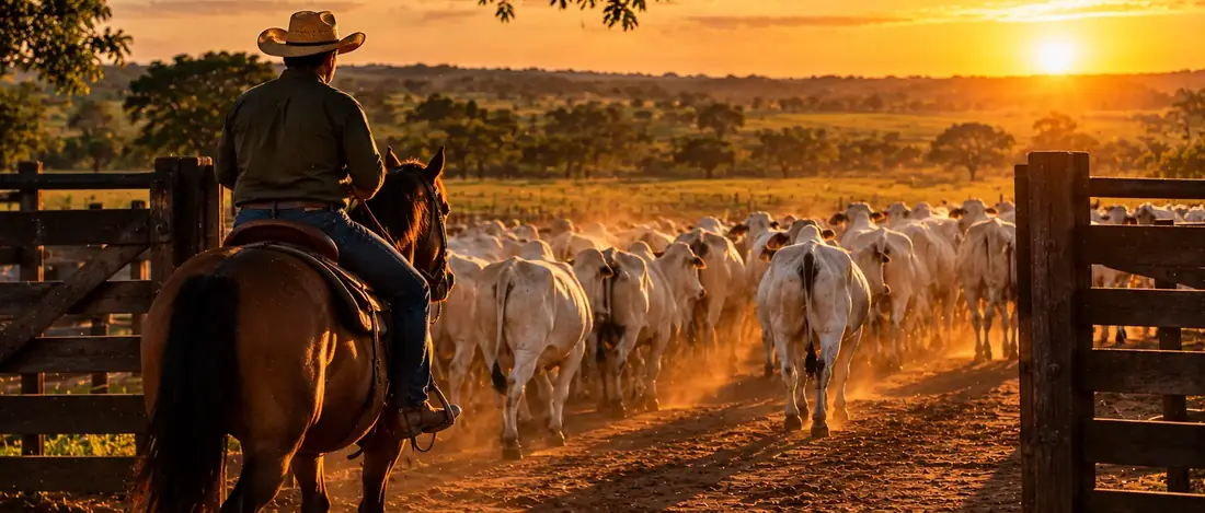 Gado passando pela porteira, conduzido por um peão a cavalo